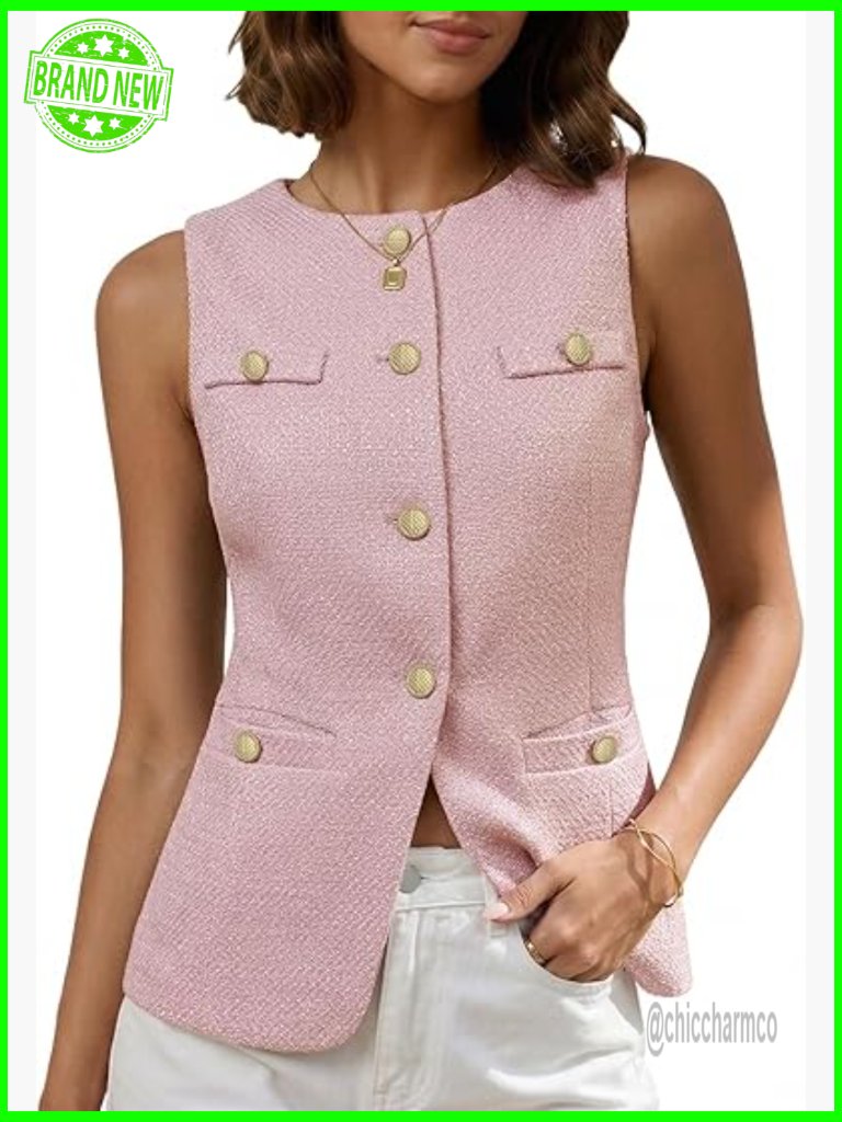 Sleeveless Tweed Vest Blazer - Button Front Fully Lined Work Casual